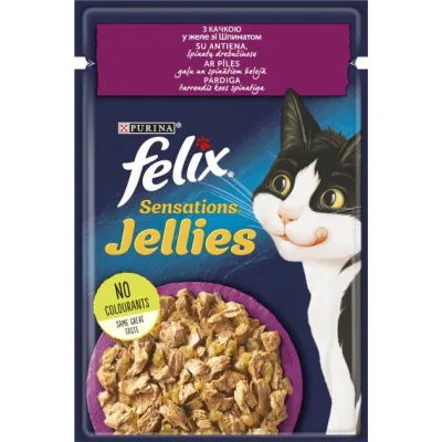 Вологий корм для кішок Purina Felix Sensations Jellies з качкою та шпинатом у желе 85 г (7613039831281) (упаковка 26 шт)
