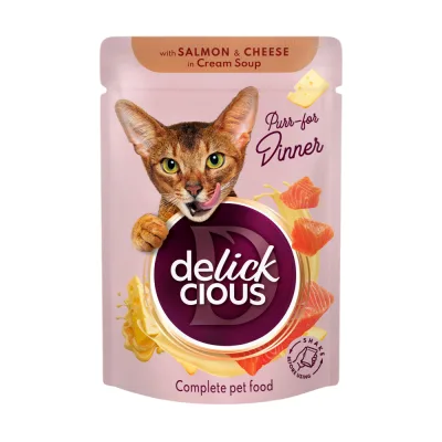 Вологий корм для кішок Delickcious Смужки з лососем та сиром в крем-супі 85 г (4820269141803)