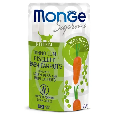 Вологий корм для кішок Monge Wet Adult тунeць з зеленим горошком та молодою морквою 80 г (8009470006859)