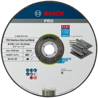 Круг відрізний Bosch Professional, для нержавіючої сталі та металу, 230×1.9×22.23 mm (2.608.601.514)