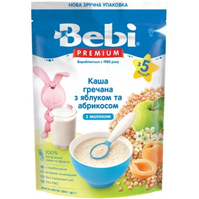 Дитяча каша Bebi Premium молочна гречана з яблуком та абрикосом +5 міс. 200 г (8606019654290)