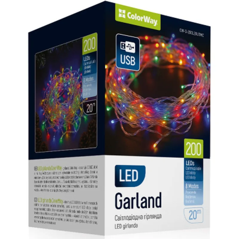 Гірлянда ColorWay LED 200 20 м (8 режимів) різнокольорова (прозорий кабель) USB (CW-G-200L20UTMC)