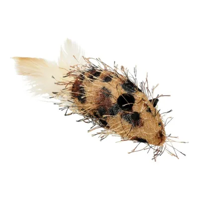 Іграшка для котів Hippie Pet Мишка з плямками та пір'ям коричнева 7.5 см (HIPCT2304065RU)
