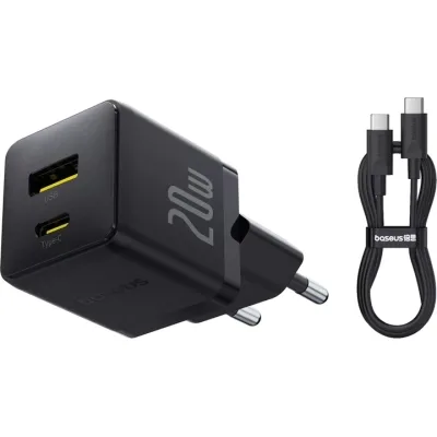 Зарядний пристрій Baseus 1xUSB-C PD20W + 1xUSB + cable USB-C to USB-C white (P10111608113-01)