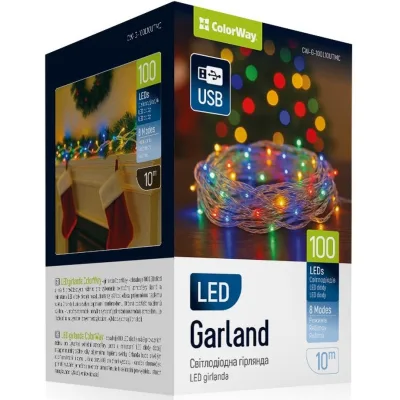 Гірлянда ColorWay LED 100 10м (8 функцій) різнокольорова (прозорий кабель) USB (CW-G-100L10UTMC)