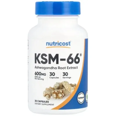 Вітамінно-мінеральний комплекс Nutricost Екстракт кореня ашваганди, 600 мг, KSM-66, Ashwagandha Root Extract, 30 ка (NCS57401)