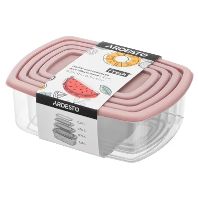 Харчовий контейнер Ardesto Fresh Набір 0.25/0.5/0.75/1.2л, пластик, прямокутна, рожевий (AR1312P)