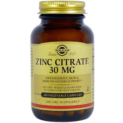Мінерали Solgar Цинк цитрат, 30 мг, Zinc Citrate, 100 вегетаріанських капсул (SOL03670)