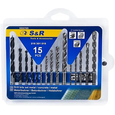 Набір свердл S&R Meister 15шт.:3,4,5,6,8мм мет/дер/бетон (216301015)