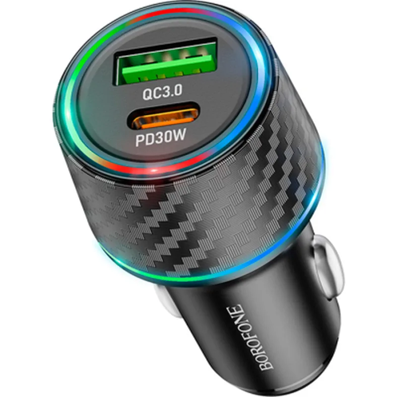 Зарядний пристрій BOROFONE 1xUSB-C PD30W + 1xUSB QC3.0 48W car adapter black (6941991101175)