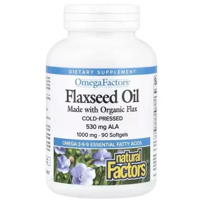 Трави Natural Factors Лляна олія, 1000 мг, OmegaFactors, Flaxseed Oil, 90 гелевих капсул (NFS-02210)