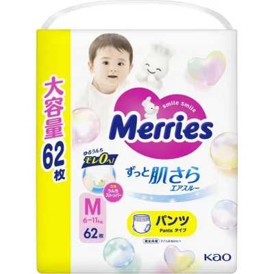 Підгузки Merries розмір M (6-11 кг) трусики 62 шт (4901301442949)