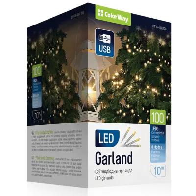 Гірлянда ColorWay LED 100 10м (8 функцій) теплий колір USB (CW-G-100L10U)