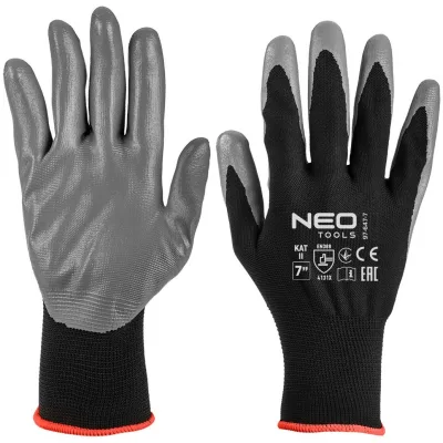 Захисні рукавиці Neo Tools поліестер з нітриловим покриттям, р.7, сіро-чорний (97-647K-7)