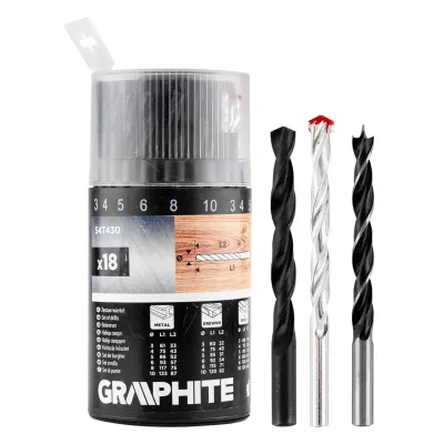 Набір свердл Graphite по металу, дереву, цеглі, 3–6,8,10мм, 18шт (54T430)
