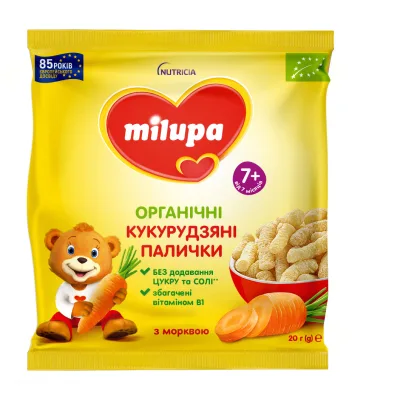 Дитячі снеки Milupa Органічні кукурудзяні палички з морквою від 7 міс., 20 г (4820226169345)