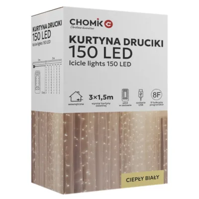 Гірлянда Chomik 300 LED холодний білий, 3x3 м, USB, з пультом, IP20, від мережі (5900779880009)