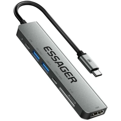 Концентратор Essager USB-C 7-in-1 HDMI + USB 3.2 + USB-C + SD/TF gray (EHB07-QH0G-Z)