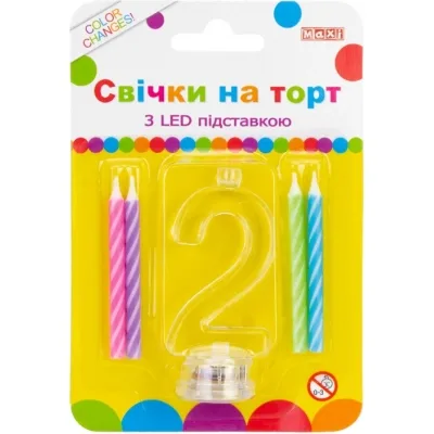 Свічка Maxi 4 шт. на торт з LED підставкою "2", що світиться (MX701007-2)