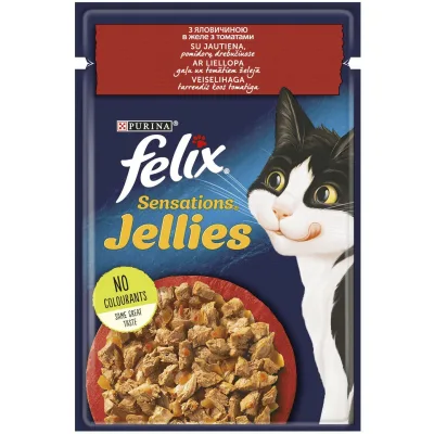 Вологий корм для кішок Purina Felix Sensations Jellies з яловичиною та томатами в желе 85 г (7613039831724) (упаковка 26 шт)