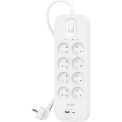 Мережевий фільтр живлення Belkin 8хТипE, 16А, USB-A/USB-C 18Вт, 2м (SRB003CA2M)