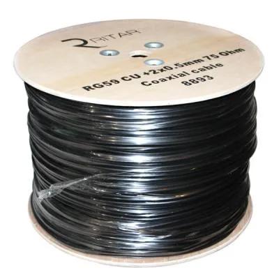 Кабель телевізійний Ritar RG-59, 0,81мм.CU, 64x0.12m CCA экран,+2*0.5power, black PVC (RT-B305-RG59+2x0.5mm / 08893)