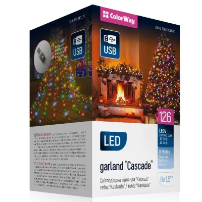 Гірлянда ColorWay Каскад LED 126 9 x 1.5 м 8 функцій різнокольорова USB (CW-G-126L91CUMC)