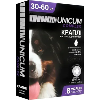 Краплі для тварин Unicum COMPLEX від бліх, кліщів та гельмінтів на холку для собак 30-60 кг/4 шт (4820150207342)