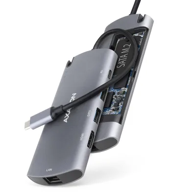 Концентратор AXAGON USB-C to 2xUSB-A + HDMI + RJ45 + SATA M.2 + PD 100W 0.18m grey (HMC-6M2)