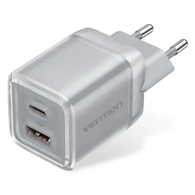 Зарядний пристрій Vention 1xUSB-C PD70W + 1xUSB QC3.0 22.5W GaN transparent gray (FCGH0-EU)