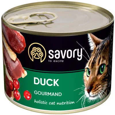 Вологий корм для кішок Savory Cat Can Adult для вибагливих котів (качка) 200 г (4820232630617)