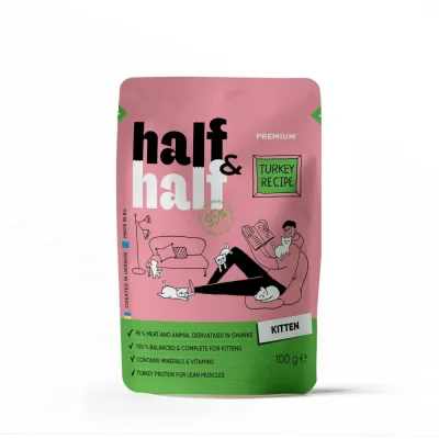 Вологий корм для кішок Half&Half шматочки з індичкою в желе для кошенят 100 г (4820261920864) (упаковка 10 шт)