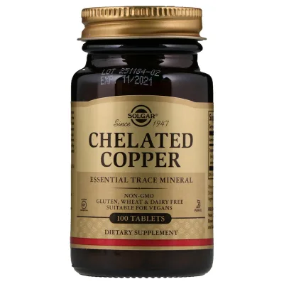 Мінерали Solgar Хелатний Мідь, Chelated Copper, 100 таблеток (SOL-00640)