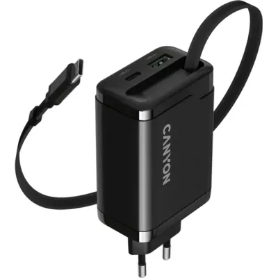 Зарядний пристрій Canyon 1xUSB-C PD65W + 1xUSB QC3.0 + cable USB-C to USB-C black (CNS-CURC65ACB)