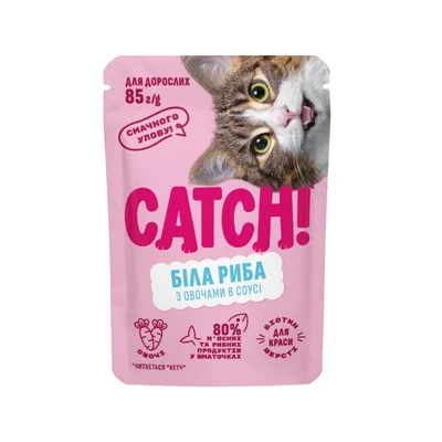 Вологий корм для кішок Catch! з білою рибою та овочами в соусі 85 г (4820261921991)