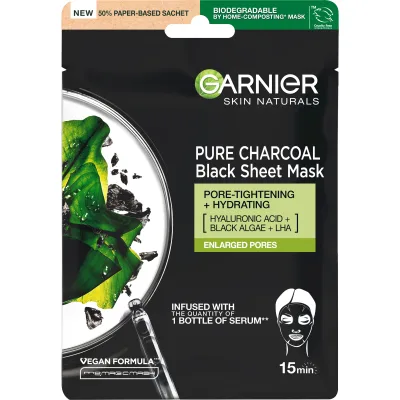 Маска для обличчя Garnier Skin Naturals Чорна Тканинна Вугілля + Чорні водорості 28 г (3600542097208/3600542097253)