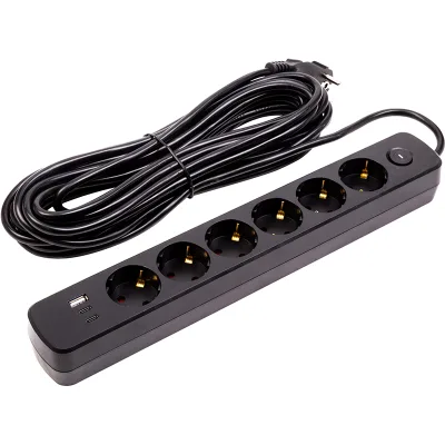 Мережевий фільтр живлення PowerPlant 10м, 6 розеток,USB, Type-C (YS-N6086/10c) (EX610693)
