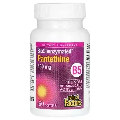 Вітамін Natural Factors Пантетин, вітамін B5, 450 мг, BioCoenzymated, B5, Pantethine, 60 гелевих до (NFS-01250)