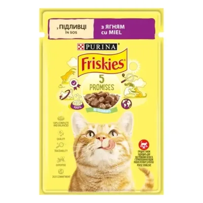 Вологий корм для кішок Purina Friskies шматочки у підливі з ягням 85 г (7613036974431)