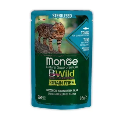 Вологий корм для кішок Monge BWild Cat Free Wet Sterilized тунець з креветками 85 г (8009470012799)