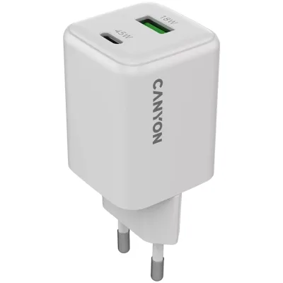 Зарядний пристрій Canyon CU45AC GaN 45W 1xPD 1xQC EU White (CNS-CUW45AC)