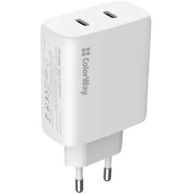 Зарядний пристрій ColorWay GaN Mini 50W PD Port PPS USB (Type-C PD 30W + Type-C PD 20W) white (CW-CHS050PD-WT)
