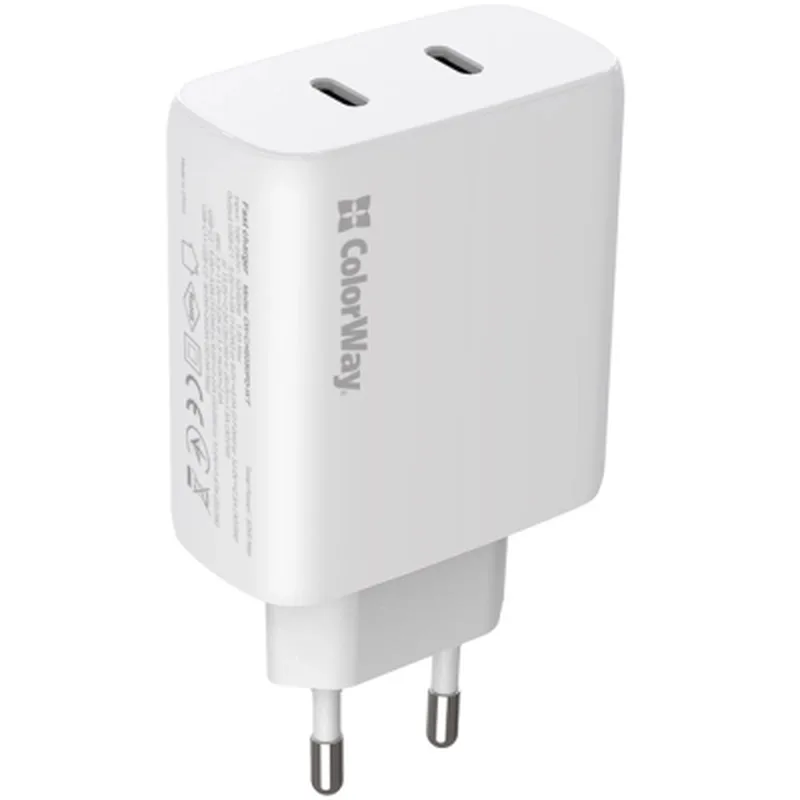 Зарядний пристрій ColorWay GaN Mini 50W PD Port PPS USB (Type-C PD 30W + Type-C PD 20W) white (CW-CHS050PD-WT)