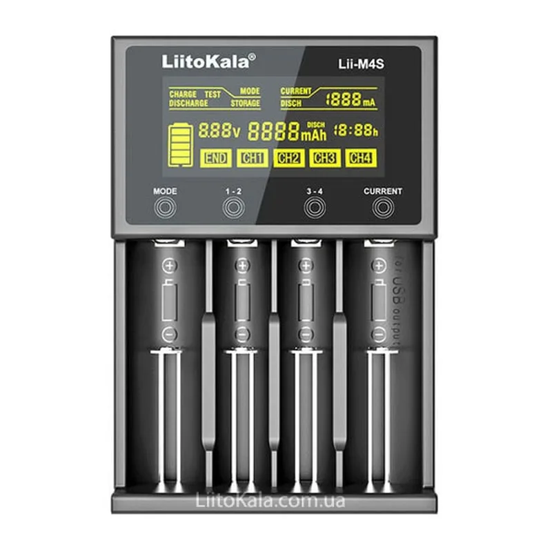 Зарядний пристрій для акумуляторів Liitokala 4 Slots, Type-C, LED disp, Li-ion 3.7V/1.2V, AA/AAA, 18650/26650/16340/14500/10440/18500 (Lii-M4S)