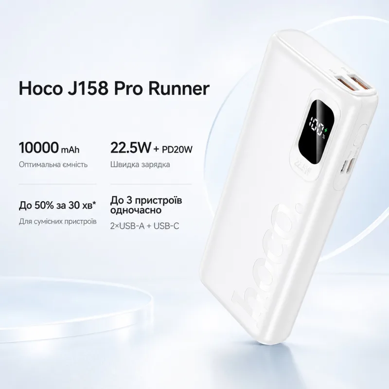 Батарея універсальна HOCO 10000mAh J158 Pro Runner 22.5W, PD/20W, White (716187)