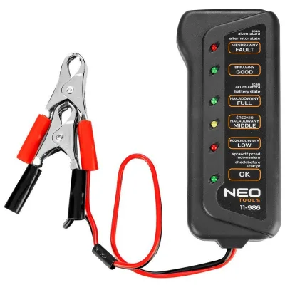 Тестер для акумуляторів Neo Tools 12V, 2 затискачі типу «крокодил» (11-986)