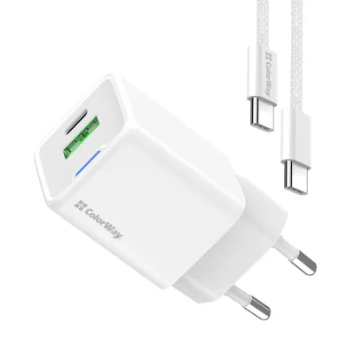 Зарядний пристрій ColorWay GaN Mini 30W PD Port PPS USB (Type-C PD + USB QC4.0) cable Type-C (CW-CHS053PDC-WT)